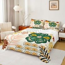 Homewish Vintage Bohemain Flower Twin Sheet Sets,Boho Theme Twin Fitted Sheet,Green Beige Flat Sheet For Men Women,Microfiber Bedroom Decor,3pcs