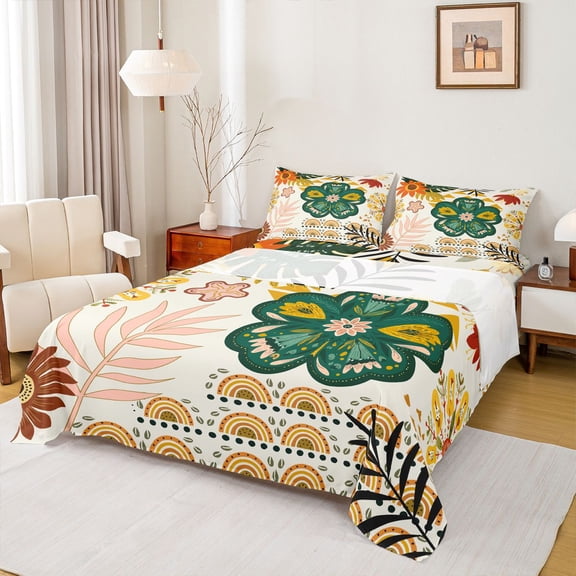 Homewish Vintage Bohemain Flower Twin Sheet Sets,Boho Theme Twin Fitted Sheet,Green Beige Flat Sheet For Men Women,Microfiber Bedroom Decor,3pcs