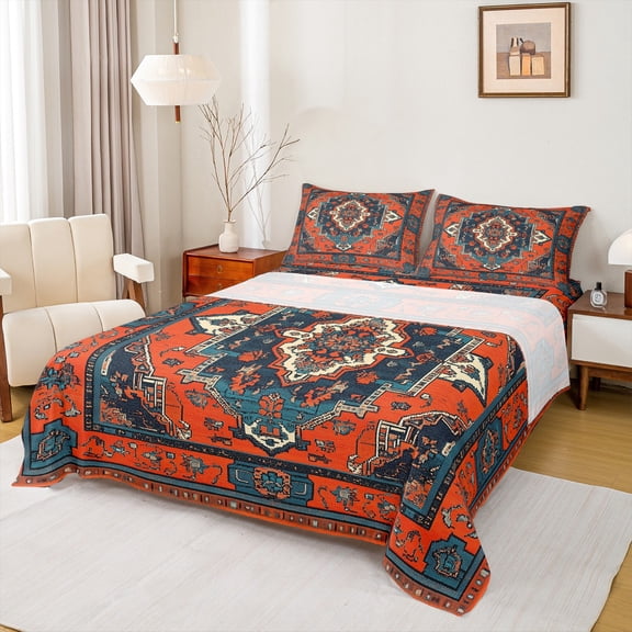 Homewish Vintage Bohemian Pattern King Sheet Set, Boho Theme Orange Deep Blue Beige, 4-Piece