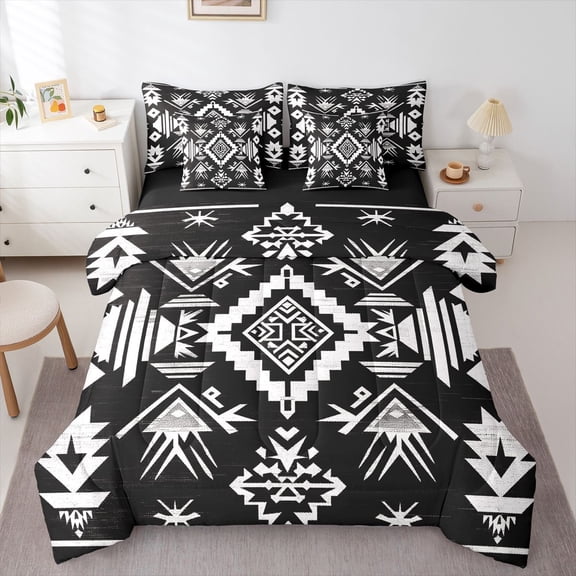 Homewish Vintage Bohemian Aztec Bedding Comforter Set 7pcs, Mid Century Fashion Queen Bedding Sets, Black White Triangle Reversible Queen Sheet Sets, Luxury Bedroom Decor