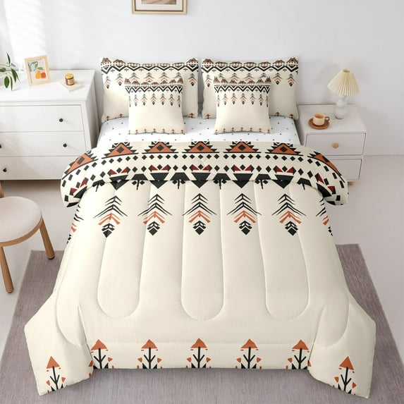 Homewish Vintage Bohemian Bedding Comforter Set 7-Piece, Tribal Hippie Aztec King Bedding Sets, Beige Abstract Stripes Reversible Bed Sheets, Super Cozy Room Decor