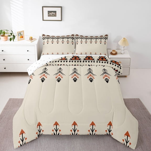 Homewish Vintage Bohemian Bedding Comforter Set, Tribal Hippie Aztec Twin Comforter Sets, Beige Abstract Stripes Reversible Bedding Set, Super Cozy Room Decor, 2 Pieces