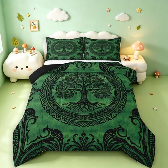 Homewish Vintage Bohemian Damask Queen Comforter Set,Nature Botanical Tree Comforter Sets Queen,Black Green,Black Reversible,3-Piece,1 Comforter and 2 Pillowcases