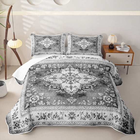Homewish Vintage Bohemian Mandala Floral Bed Spread Queen,Gray Gradient Queen Coverlet Set,3-Piece