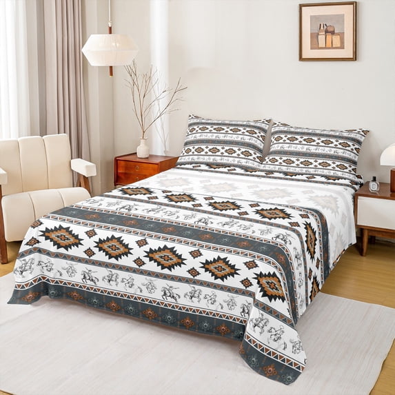 Homewish Vintage Boho Aztec Bed Sheets for Female, Grey Orange Stripes Triangle King Sheets, Southwestern Theme Sheet Set, Ultra Soft Bedroom Decor, 4 Pieces