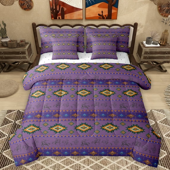 Homewish Vintage Boho Aztec Bedding Comforter Set 7pcs for Female, Purple Stripes Triangle Queen Bedding Sets, Southwestern Theme Reversible Queen Sheet Sets, Luxury Bedroom Decor