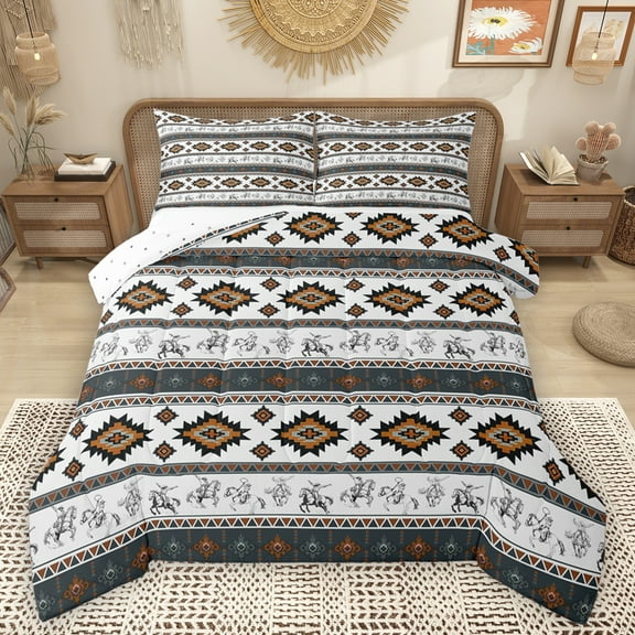 Homewish Vintage Boho Aztec Bedding Comforter Set for Female, Grey Orange Stripes Triangle Twin Comforter Sets, Southwestern Theme Reversible Bedding Set, Ultra Soft Bedroom Decor, 2 Pieces