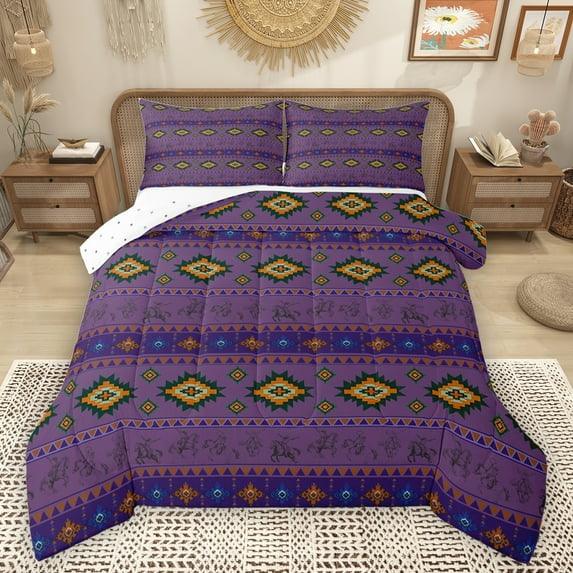 Homewish Vintage Boho Aztec Bedding Comforter Set for Female, Purple Stripes Triangle Twin Comforter Sets, Southwestern Theme Reversible Bedding Set, Luxury Bedroom Decor, 2 Pieces