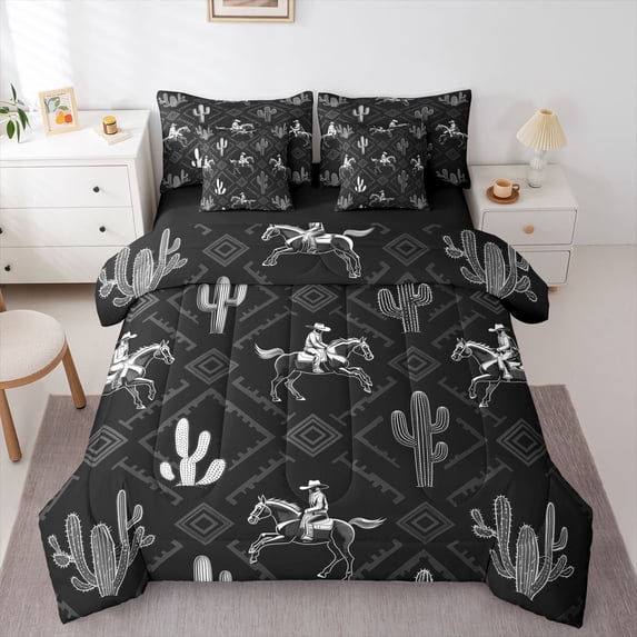Homewish Vintage Boho Cowboy 7pcs Queen Bedding,Desert Plant Cactus Bedding Comforter Set Queen,Black White,Black Reversible