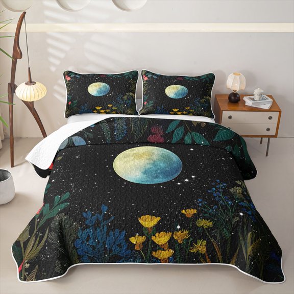 Homewish Vintage Boho Floral Bed Spread Queen,Blue Yellow Gradient Moon Queen Coverlet Set,3 Pieces