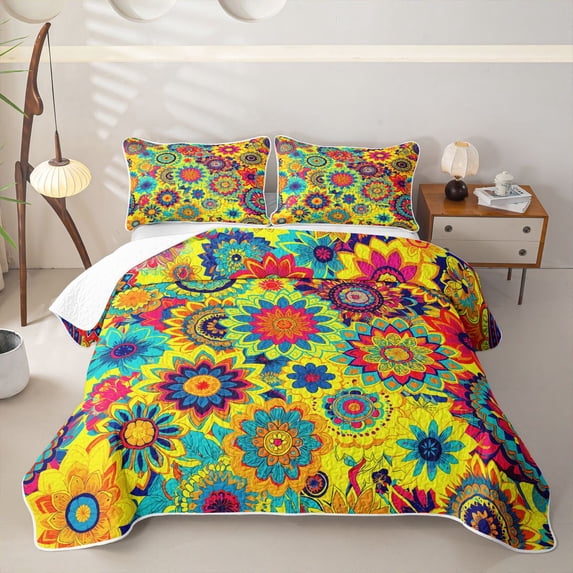 Homewish Vintage Boho Floral Quilt Full,Watercolor Flower Full Bedspread Sets,Multicolor,3pcs