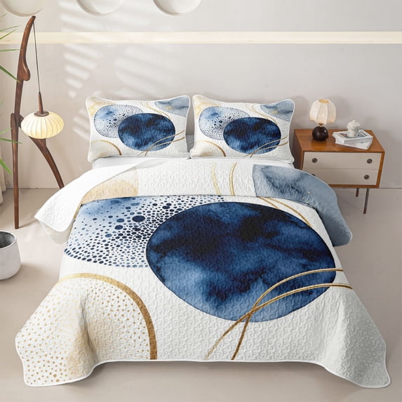 Homewish Vintage Boho Geometric Quilt King,Watercolor Ombre King Coverlet Set,Navy Cream,3-Piece