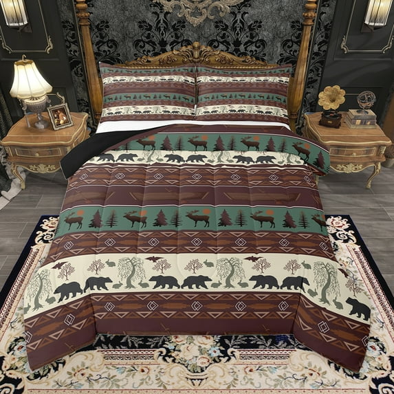 Homewish Vintage Boho Tribal Full Size Comforter Sets,Rustic Farmhouse Cabin Bedding Comforter Set,Wild Bear Deer Bedding Sets For Adults,Luxury Bedroom Decor Reversible,3 Pieces