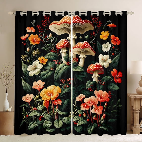 Homewish Vintage Botanical Mushroom Blackout Curtains Set of 2 (52x84 Each),Dreamy Floral Curtain,Black