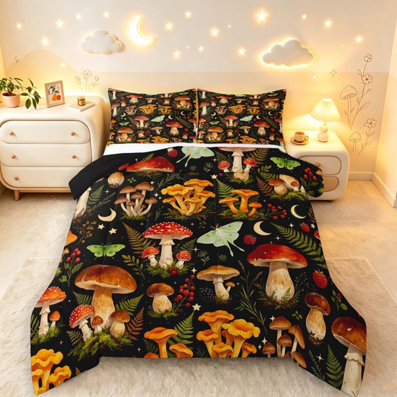 Homewish Vintage Botanical Mushroom Queen Comforter Set,Moon Stars Butterflies Comforter Sets Queen,Black Reversible,3pcs,1 Comforter and 2 Pillowcases