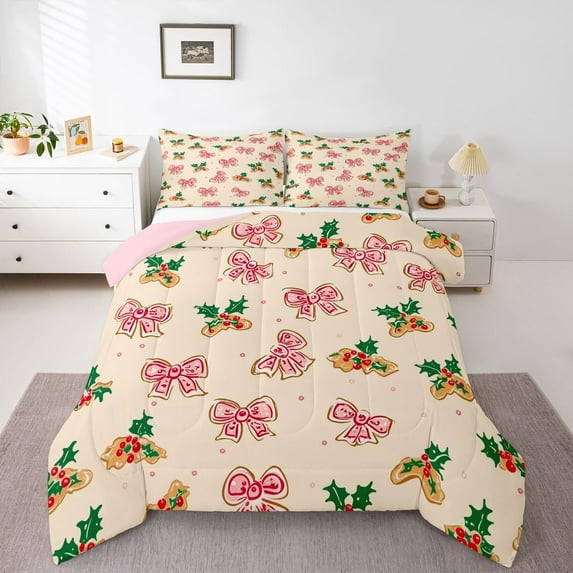 Homewish Vintage Bowtie Ribbon Bedding Comforter Set,Merry Christmas Twin Comforter Sets,Xmas Flower Red Berry Bedding Set For Girls Boys,Ultra Soft Home Decor Reversible,2 Pieces