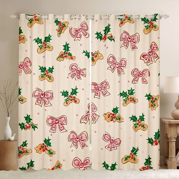 Homewish Vintage Bowtie Ribbon Black Out Curtains,Merry Christmas Curtains Pack of 2 (42x63 Each),Xmas Flower Red Berry Bedroom Curtains For Girls Boys,Ultra Soft Home Decor