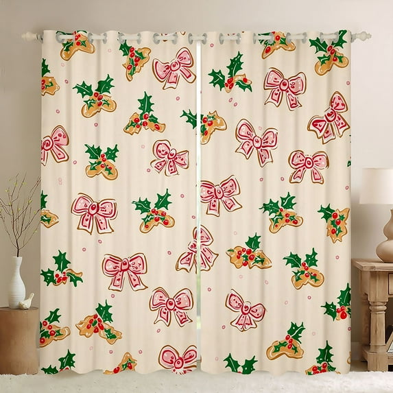 Homewish Vintage Bowtie Ribbon Black Out Curtains,Merry Christmas Curtains Pack of 2 (42x63 Each),Xmas Flower Red Berry Bedroom Curtains For Girls Boys,Ultra Soft Home Decor