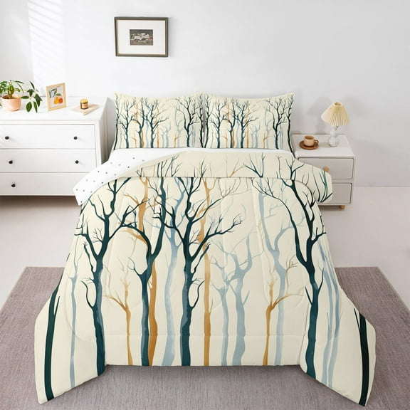 Homewish Vintage Branches Plant Queen Comforter Set, Chic Stripes Abstract Bedding Sets, Rustic Farmhouse Reversible Bedding Comforter Set, Luxury Bedroom Decor, 3 Pieces