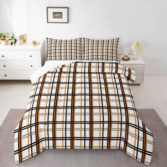 Homewish Vintage Buffalo Plaid Full Size Comforter Sets, White Orange Stripes Abstract Bedding Comforter Set, Teens Kids Adult Reversible Bedding Sets, Breathable Home Decor, 3 Pieces