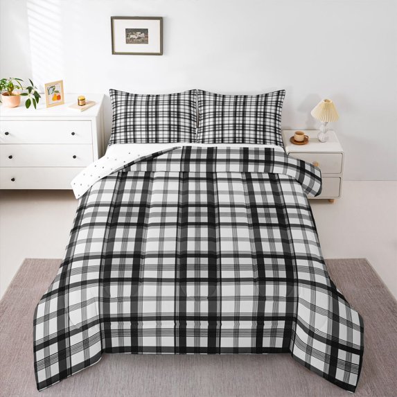 Homewish Vintage Buffalo Plaid Queen Comforter Set, White Black Stripes Abstract Bedding Sets, Teens Kids Adult Reversible Bedding Comforter Set, Ultra Soft Bedroom Decor, 3 Pieces