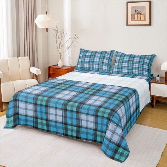 Homewish Vintage Buffalo Plaid Queen Sheet Sets, Blue Stripes Abstract Flat Sheet, Teens Kids Adult Queen Fitted Sheet, Super Cozy Room Decor, 4pcs