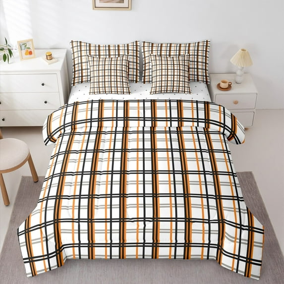 Homewish Vintage Buffalo Plaid Twin Bedding Sets 7-Piece, White Orange Stripes Abstract Bedding Comforter Set, Teens Kids Adult Reversible Sheet Sets, Breathable Home Decor