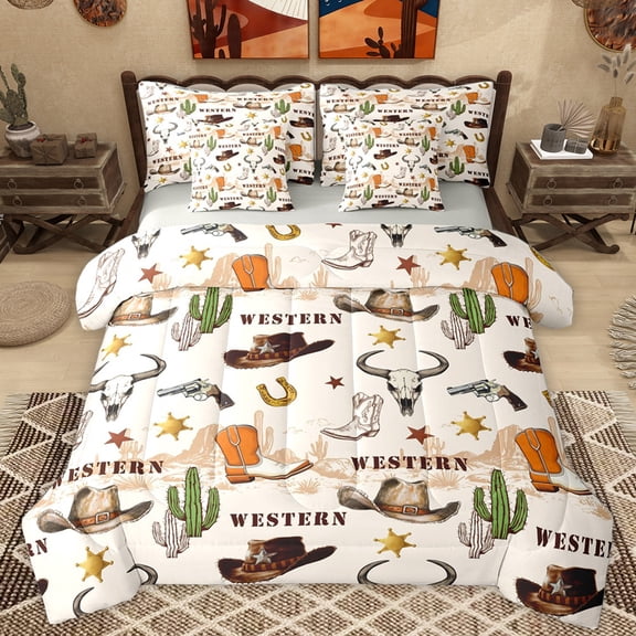 Homewish Vintage Bull Skull 7-Piece Twin Bedding Sets,Rustic Farmhouse Cabin Bedding Comforter Set,Western Cowboy Hat Boots Sheet Sets For Men Women,Super Cozy Room Decor Reversible