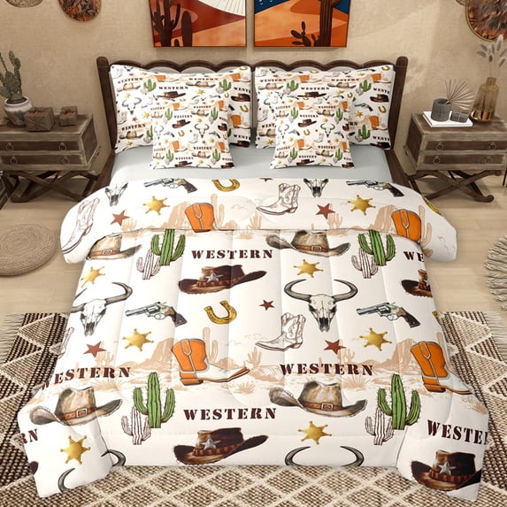 Homewish Vintage Bull Skull 7pcs Bedding Comforter Set,Rustic Farmhouse Cabin Queen Bedding Sets,Western Cowboy Hat Boots Queen Sheet Sets For Men Women,Super Cozy Room Decor Reversible