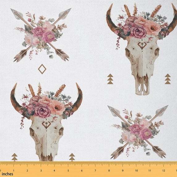 Homewish Vintage Bull Skull Fabric by the Yard 2 Yard,Rustic Flower Floral Room Decor Fabric by the Yard,Western Cowboy Fabric for Sewing For Adults,Super Cozy Room Decor