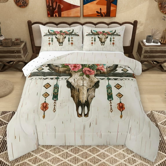 Homewish Vintage Bull Skull Full Size Comforter Sets,Country Farmhouse Lodge Bedding Comforter Set,Boho Tribal Bedding Sets For Teens,Ultra Soft Home Decor Reversible,3pcs