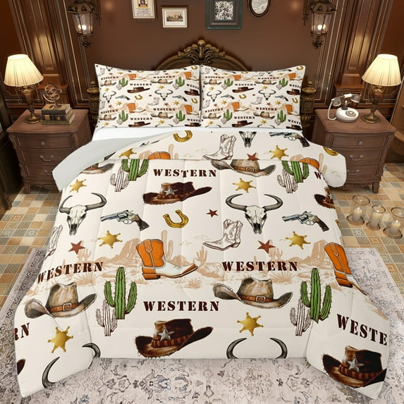 Homewish Vintage Bull Skull Full Size Comforter Sets,Rustic Farmhouse Cabin Bedding Comforter Set,Western Cowboy Hat Boots Bedding Sets For Men Women,Super Cozy Room Decor Reversible,3-Piece