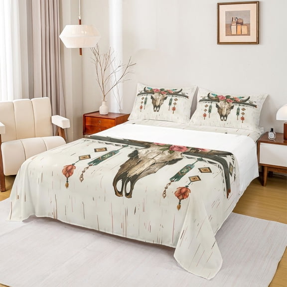 Homewish Vintage Bull Skull Twin Sheet Sets,Country Farmhouse Lodge Twin Fitted Sheet,Boho Tribal Flat Sheet For Teens,Ultra Soft Home Decor,3 Pieces