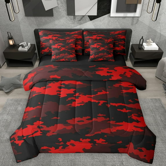 Homewish Vintage Camo Camouflage 7pcs Bedding Comforter Set,Rustic Farmhouse Queen Bedding Sets,Red Black Queen Sheet Sets For Boys Kids,Microfiber Bedroom Decor Reversible