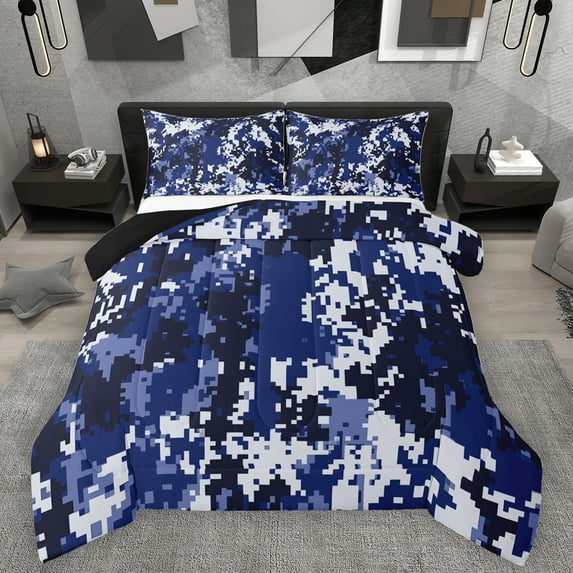 Homewish Vintage Camo Camouflage Queen Comforter Set,Modern Pixel Plaid Bedding Sets,Deepblue White Bedding Comforter Set For Boys Kids,Microfiber Bedroom Decor Reversible,3 Pieces