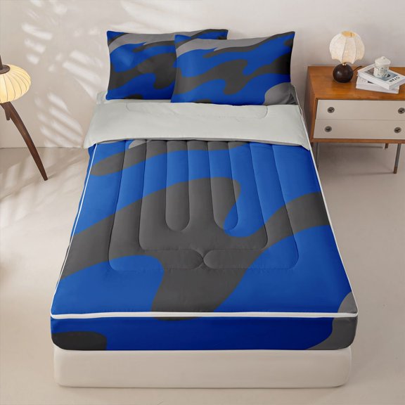 Homewish Vintage Camouflage Zipper Twin Comforter Sets with Fitted Sheet and 2 Pillowcases,Modern Geometric Zipper Bedding Set,Navy Gray,Light Gray Reversible,4pcs