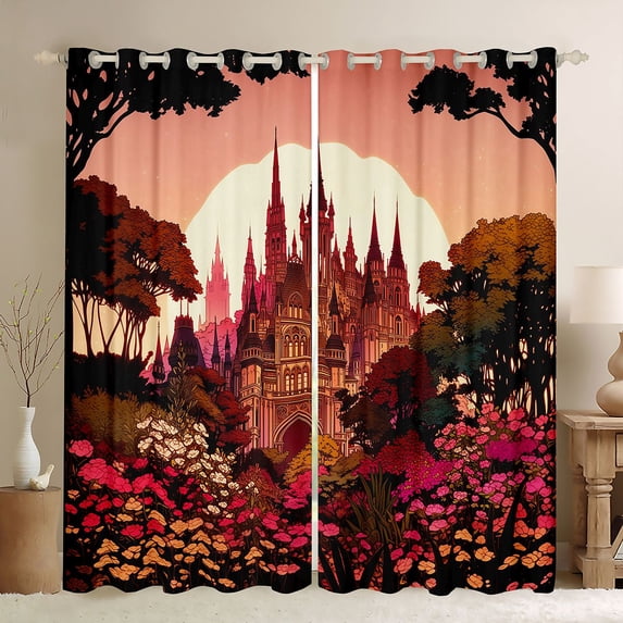 Homewish Vintage Castle Kitchen Curtains for Princess Girls, Botanical Tree Floral Black Out Curtains Pack of 2 (42x63 Each)