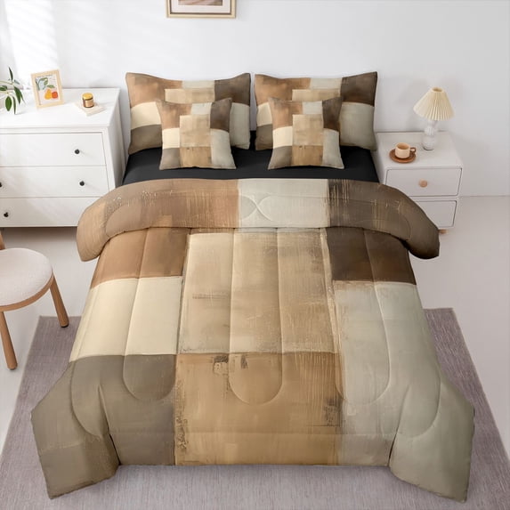 Homewish Vintage Checkered 7 Pieces Full Size Bedding Sets,Aesthetic Geometric Full Size Bed in a Bag,Brown,Black Reversible