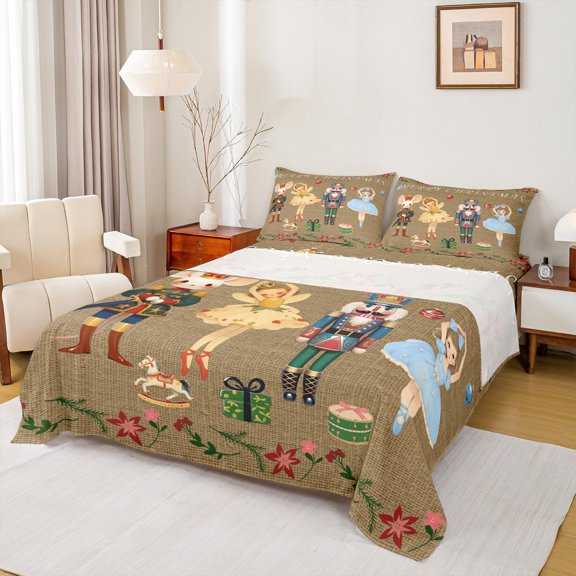Homewish Vintage Christmas Nutcracker Twin Sheet Sets,Cartoon Ballet Princess Twin Fitted Sheet,Red Flower Floral Flat Sheet For Men Women,Luxury Bedroom Decor,3-Piece