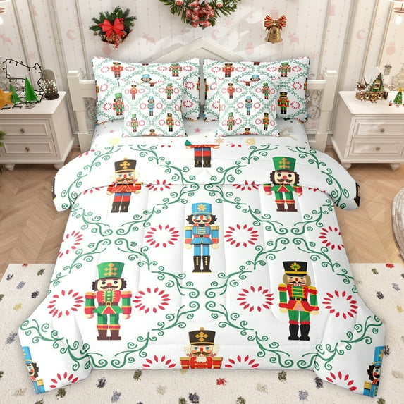 Homewish Vintage Christmas Nutcraker 7 Pieces Bedding Comforter Set,Merry Xmas Full Bedding Set,Green White Red Fitted Sheet Flat Sheet For Teens,Ultra Soft Home Decor Reversible