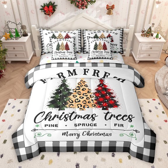 Homewish Vintage Christmas Tree Bedding Comforter Set 7 Pieces, Fashion Buffalo Plaid Full Bedding Set, Happy New Year Reversible Fitted Sheet Flat Sheet, Lightweight Room Decor