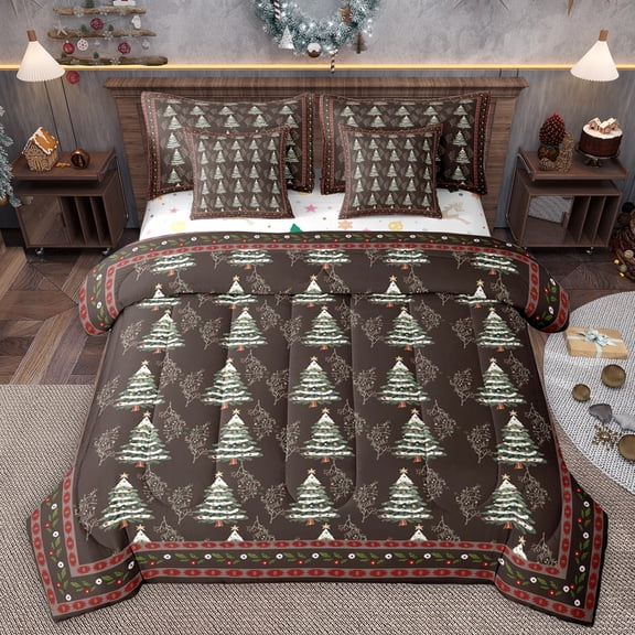 Homewish Vintage Christmas Tree Bedding Comforter Set 7pcs, Brown Hippie Aztec King Bedding Sets, Rustic Plant Botanical Reversible Bed Sheets, Luxury Bedroom Decor