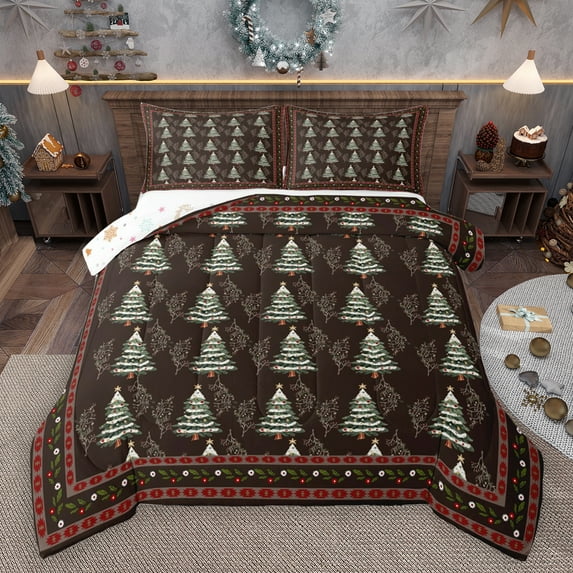 Homewish Vintage Christmas Tree Full Size Comforter Sets, Brown Hippie Aztec Bedding Comforter Set, Rustic Plant Botanical Reversible Bedding Sets, Luxury Bedroom Decor, 3 Pieces