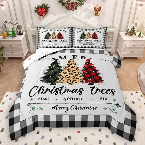 Homewish Vintage Christmas Tree Queen Comforter Set, Fashion Buffalo Plaid Bedding Sets, Happy New Year Reversible Bedding Comforter Set, Lightweight Room Decor, 3-Piece
