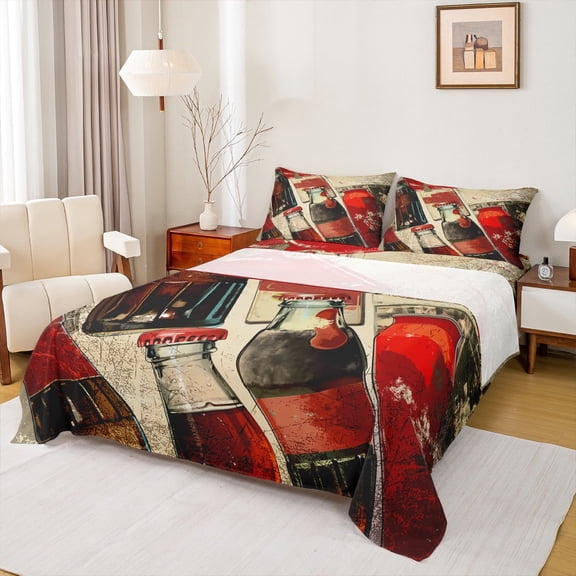 Homewish Vintage Cola Bottles Bed Sheets for Kid, Cool Summer King Sheets, Old Fashion Style Sheet Set, Super Cozy Room Decor, 4-Piece