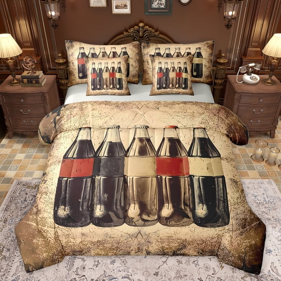 Homewish Vintage Cola Twin Bedding Sets 7-Piece for Kids, Retro Cola Bottle Bedding Comforter Set, Summer Holiday Party Reversible Sheet Sets, Luxury Bedroom Decor