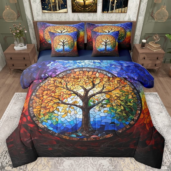 Homewish Vintage Colorful Glass 7-Piece Bedding Comforter Set,Multicolor Tree Of Life King Bedding Sets,Modern Artistic Bed Sheets For Adults,Ultra Soft Home Decor Reversible
