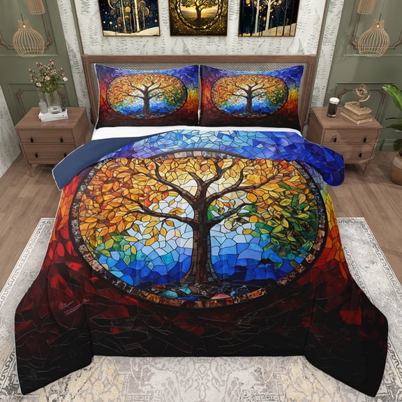 Homewish Vintage Colorful Glass Queen Comforter Set,Multicolor Tree Of Life Bedding Sets,Modern Artistic Bedding Comforter Set For Adults,Ultra Soft Home Decor Reversible,3 Pieces