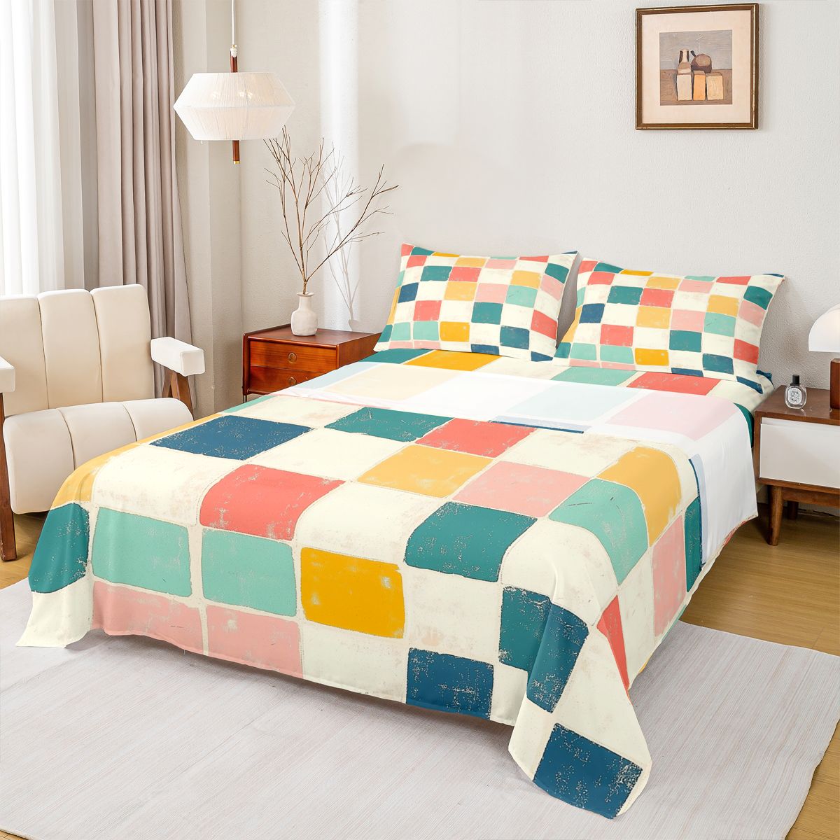 Abstract Sheet Set Homewish Vintage Colorful Plaid Bed Sheets for Kids, Square Checkered ...