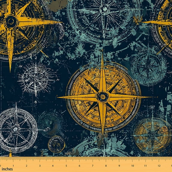 Homewish Vintage Compass Print 01, Ocean Marine Room Decor Fabric by the Yard, Nautical Sailing Theme Sewing Fabric, Luxury Bedroom Decor